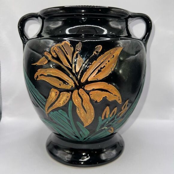 Vtg Cookie Jar Pot Stoneware Crock Raised Yellow Lily Yellow Flower Loop Handles - Picture 1 of 8